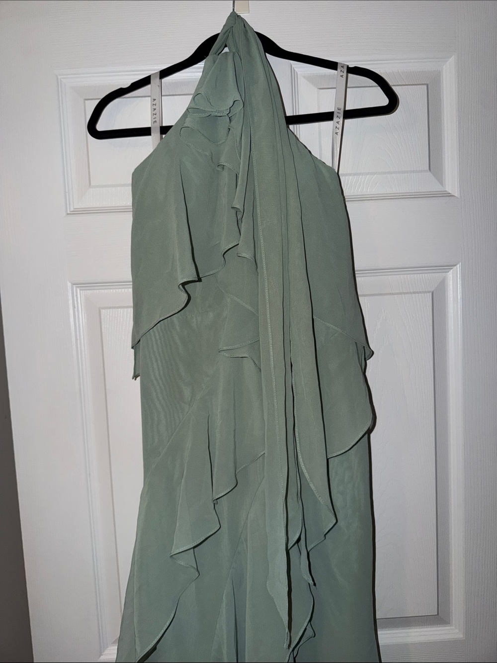 Azazie Velma Halter Ruffle Chiffon Maxi Dress Matcha - Picture 3 of 5